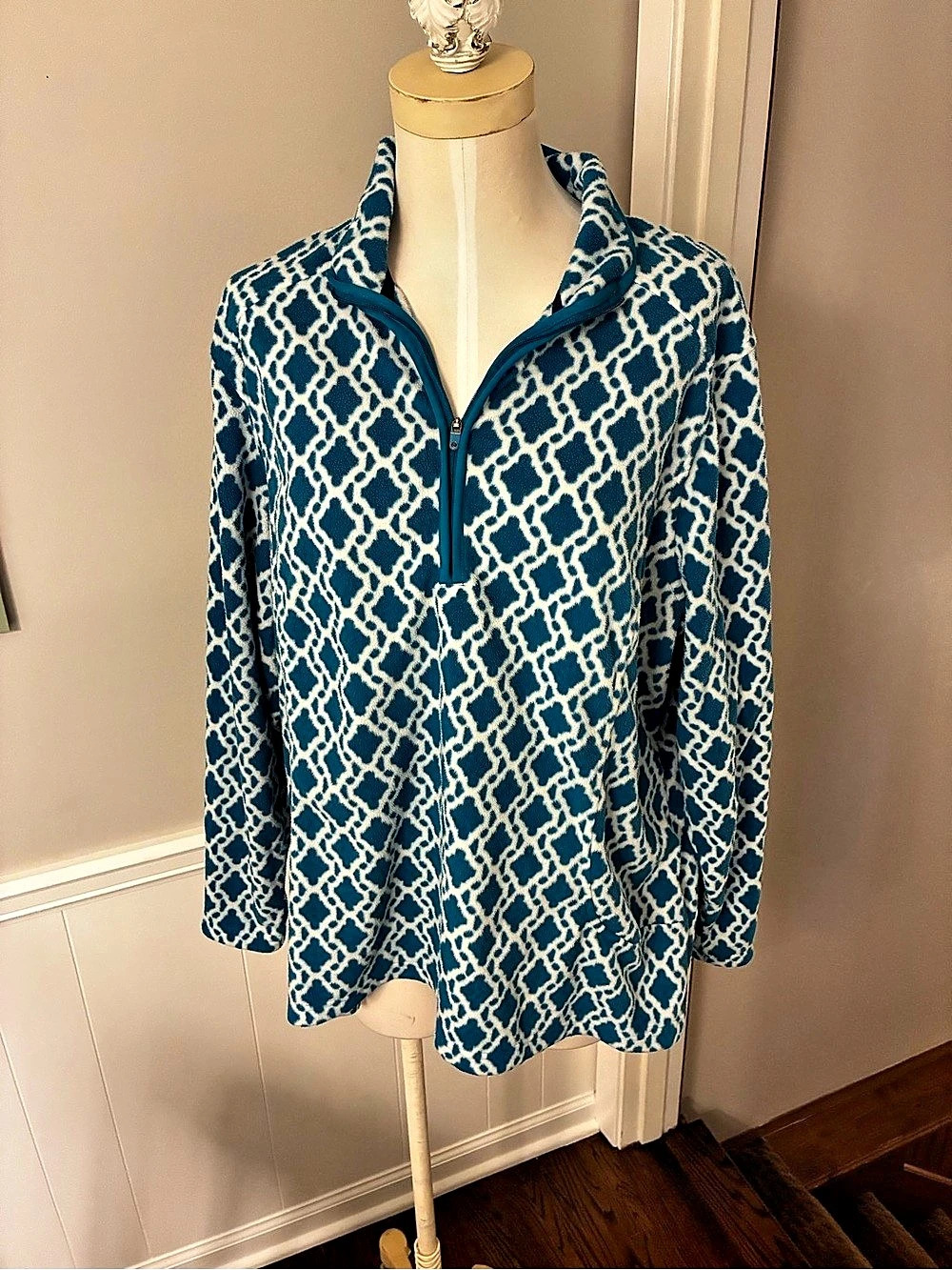 Lands' End Plus Size  Women's Geometric Half-Zip Pullover In Blue And White
